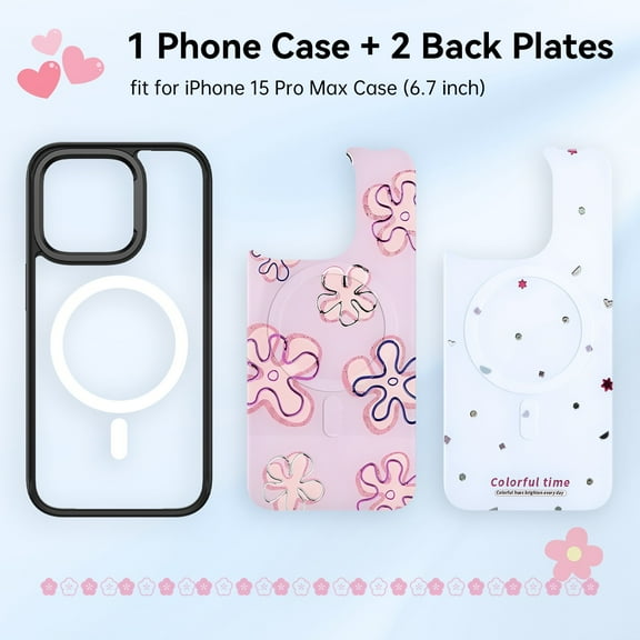 GUAGUA Case for iPhone 15 Pro Max with 2 Replaceable Back Plates Compatible with Mag-Safe 6.7" Magnetic