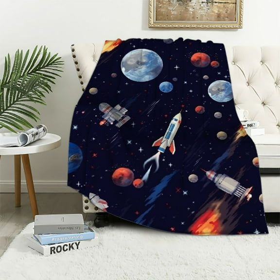 RUIYC Outer Space Theme Throw Blanket for Kids, Astronaut Rocket Fuzzy Plush Blanket for Boys Gift, Soft Galaxy Planet Spaceship Flannel Blanket for Children Teen Bed Couch Decor