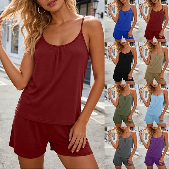 Nmnitkp Women's Adjustable Strap Cami Short Pajama Set with Pockets, Soft Breathable Sleeveless Loungewear, Comfy Two Piece Sleepwear for Summer Wine,S