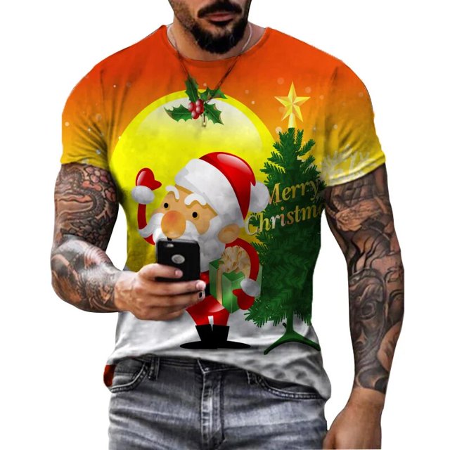 Camiseta con estampado de Papá Noel para hombre, camisetas rojas de manga corta con estampado de alces, ropa informal holgada con cuello redondo, 6XL