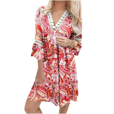 

Juebong Women Casual Summer Dresses 3/4 Sleeve Party Tunic Swing Casual V Neck Boho Paisley Print Lace Trim V-Neck Midi Dress