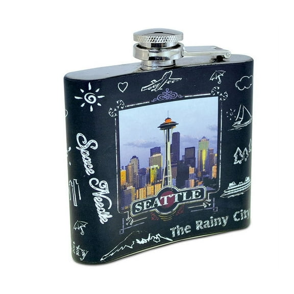 Puzzled Ceramic Black ?Seattle Skyline" Stainless Steel Flask, 3.75 Inch Handy Portable Travel Pocket Alcohol Liquor Accessory Leak Proof Flasks Drinkware Famous Sites Themed Bar Tools & Supply