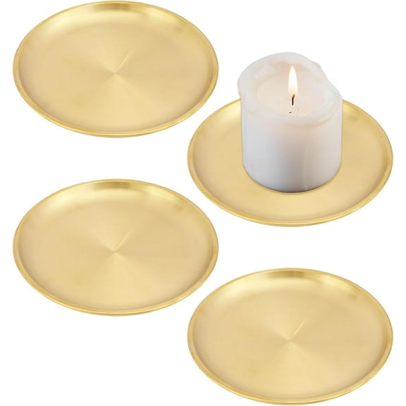 4Pcs 5.6 Inch Flat Round Metal Candle Holder Plate Golden Stainless Steel Jewelry Plates Gold Candle Holders Decor DIY