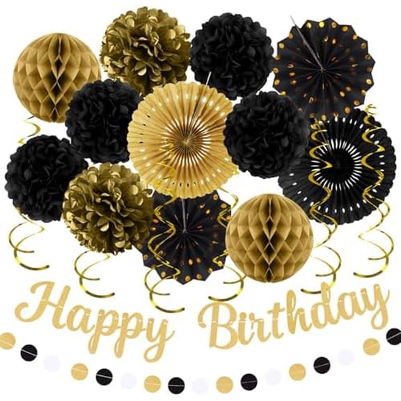 Birthday Decor Kit, Black Gold Party Supplies for Adults - 20pcs Paper Pom Poms, Streamers, Lanterns, Garland, BDAY Banner for Birthday Party Backdrop Decor