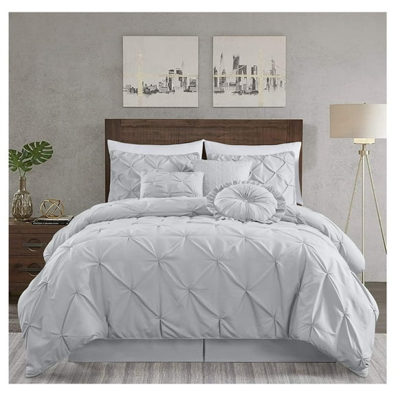 Sydney Full Size Comforter Set - 7-Piece Pintuck Bedding - Light Gray, Lightweight Pinch Pleat Comforter with Decorative Pillows Bed Set for All Season