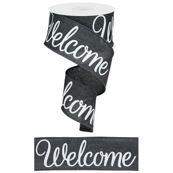 Welcome Canvas Wired Edge Ribbon, 2.5" x 10 Yards (Charcoal, White), Embellishment for Handmade Wreaths