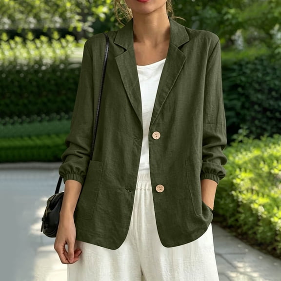 Ynynloco Summer Women’s 100%Cotton Blazer Jacket - Lightweight Breathable 3/4 Ruched Sleeve Button Down Casual Work with Pocket