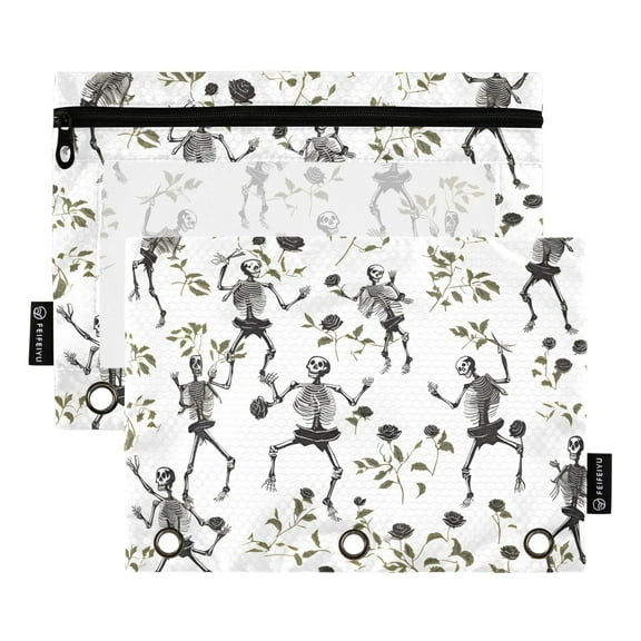 2 Pack Pencil Pouch for 3 Ring Binder Zipper Pencil Case Skeletons with Roses Leaves Clear Window Pencil Bag Organizers