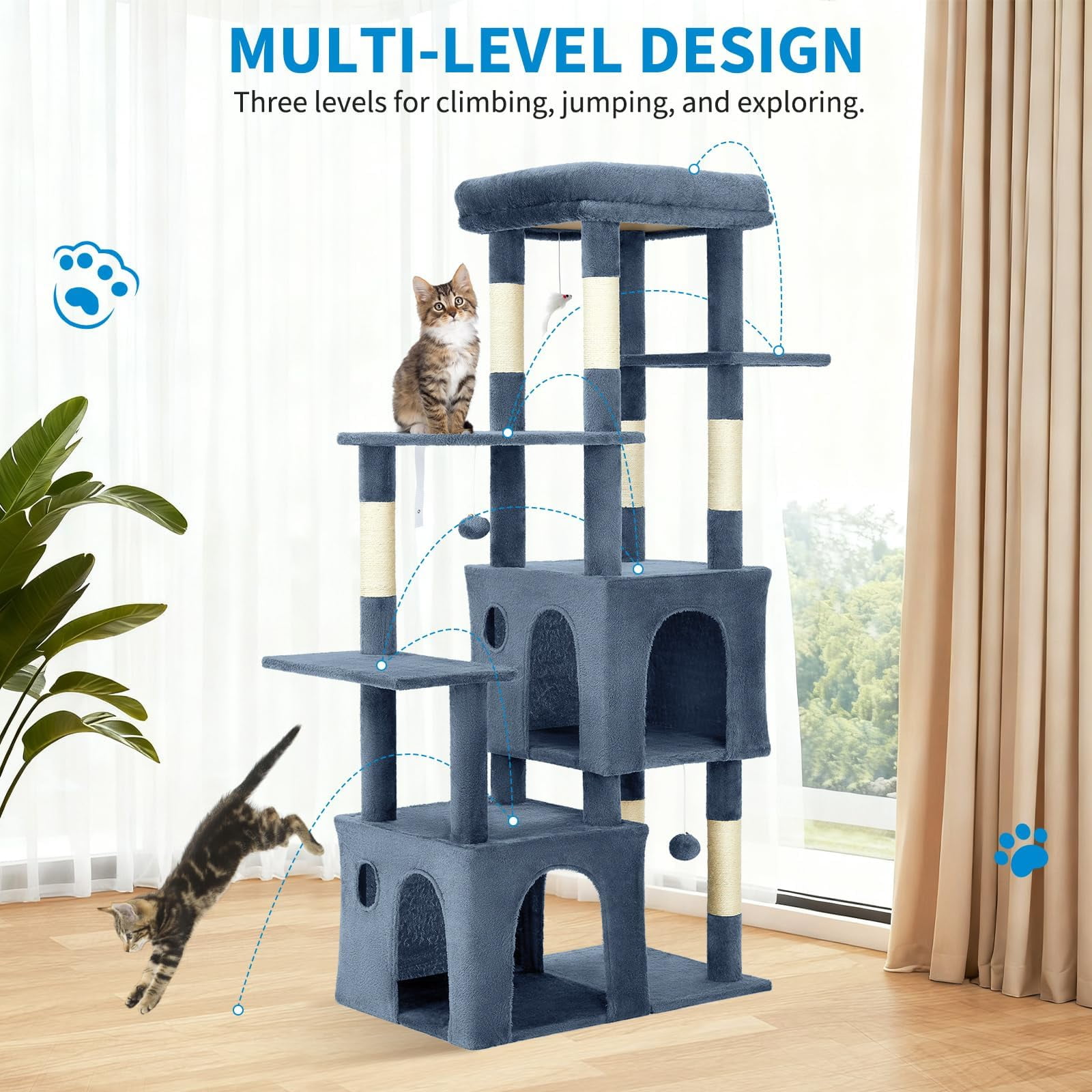 61 Inch Cat Tree for Large Cats, Heavy-Duty Cat Tower with Extra Large Perch & 2 Condos, Multi-Level Cat Furniture for Maine Coon & Adult Cats, Sisal Scratching Posts with Toys (Light Blue)