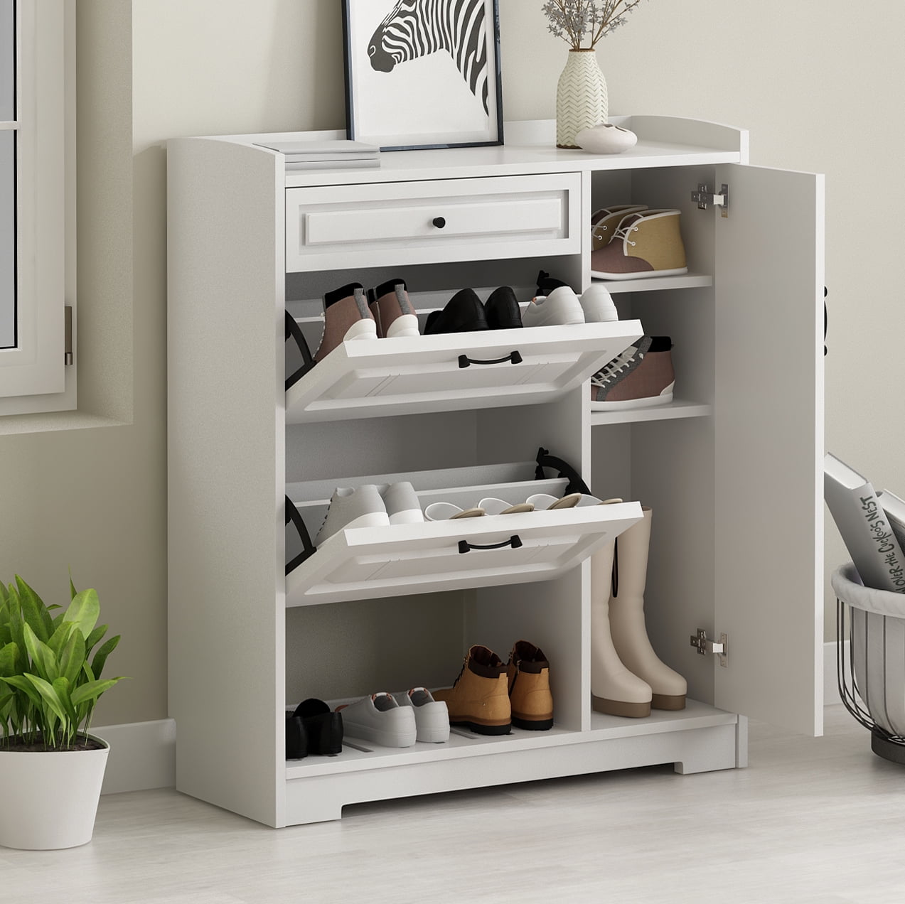 Kerrogee 18-Pair Shoe Storage Cabinet with 3 Flip Drawers Wood