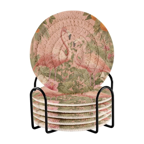 6 Pcs Drink Coasters with Holder 3.94in Woven Coasters for Drinks Flamingos in Tropical Garden Coaster Set for Protection Table