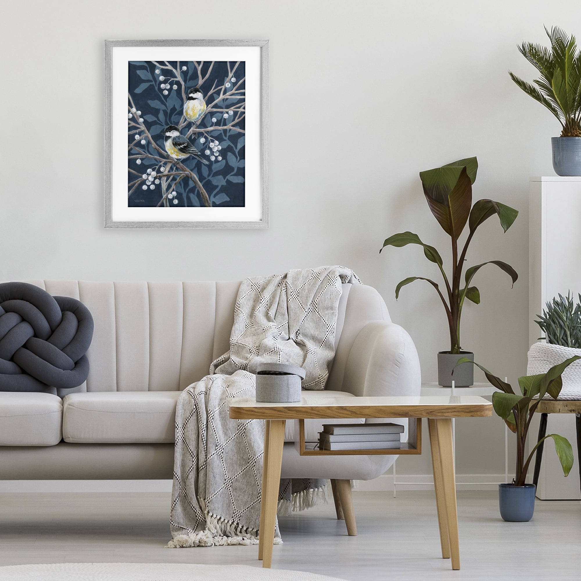 Stupell Industries Chickadees on Winter Berries Gray Framed Print Under Glass, design by Diane Kater
