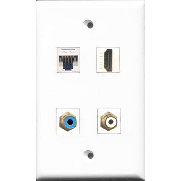 RiteAV - 1 Port HDMI and 1 Port RCA White and 1 Port RCA Blue and 1 Port Cat5e Ethernet White Wall Plate