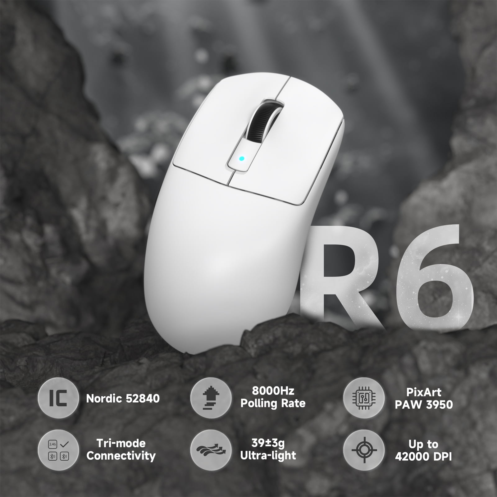ATTACK SHARK R6PRO 39g Superlight Wireless Gaming Mouse, PixArt PAW3950MAX 42000 DPI, MCU Nodic 52840 Computer Mouse, 8K Polling Rate Web Driver, BT/2.4Ghz/Wired Tri-Mode Mice with Coiled Cable