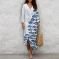 thumbnail image 4 of COEQINE Loose Fit Dress for Women, 2026 Spring Summer Oriental Oversized Long Sleeve V Neck Maternity Dress, Comfortable Wrinkle-Free Elegant Sundress, Size 3XL, Blue White Fish Wave, 4 of 6