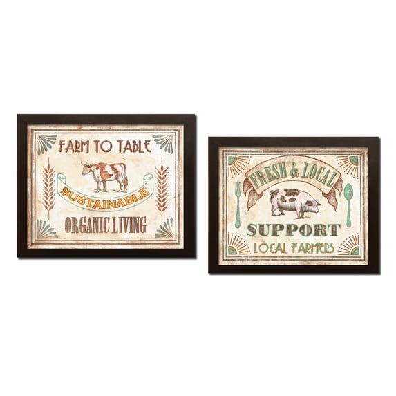 Vintage Farm to Table and Fresh and Local Signs; Country Rustic; Two 14x11in Brown Framed Prints, Ready to hang!