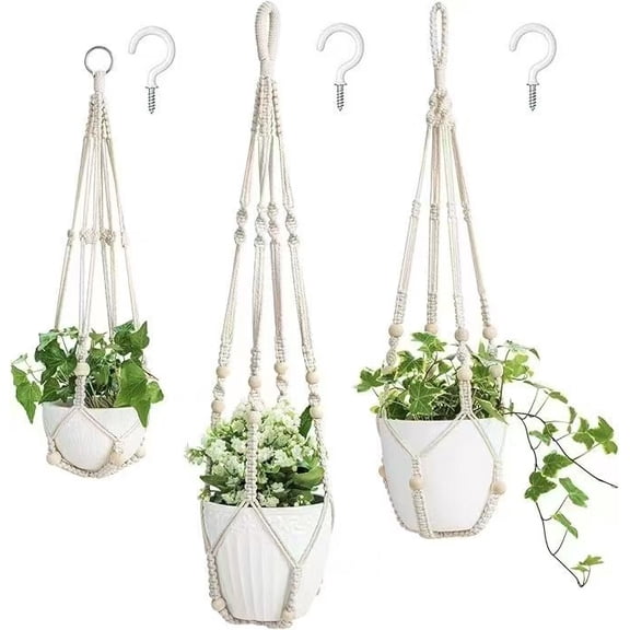 Macrame Plant Hanger Set – 3 Pack Hanging Planters for Indoor Plants, Boho Home Decor with Beads, for Patio, Balcony, and Living Room (Pots Not Included)