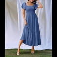 thumbnail image 4 of Vestido Veraniego Midi Bohemio de Corte A, Holgado, con Escote Cuadrado y Mangas Abullonadas, con Bolsillos, en Azul Marino, Talla L, 4 of 8