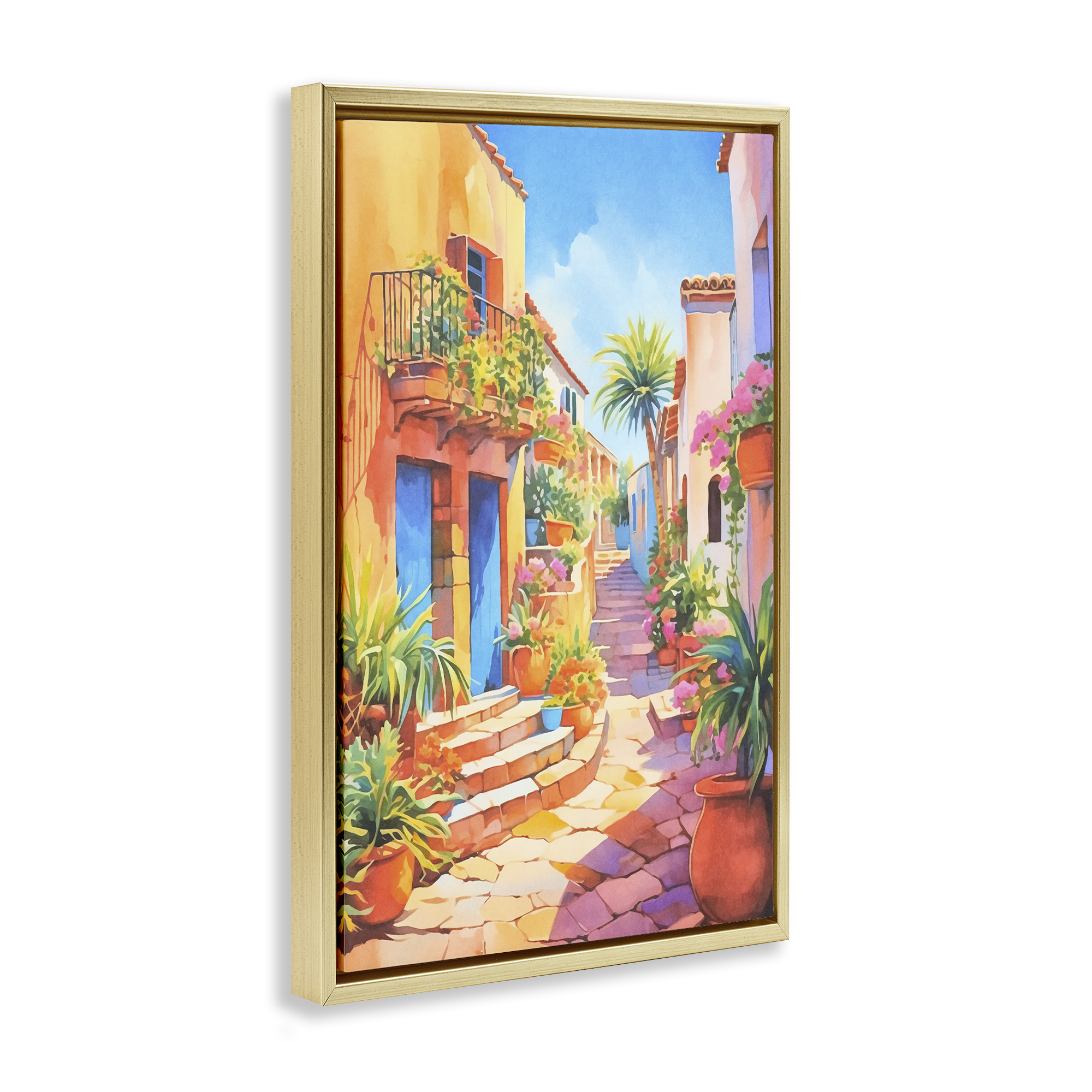 Stupell Industries Bright Mediterranean City Scenery Painting Gold Floater Framed Art Print Wall Art, 21 x 31