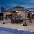 thumbnail image 3 of Gotland 12' x 14' Khaki Hardtop Gazebo with Curtains and Netting, Double Roof Iron Metal Pergola for Patio, Garden, Lawn, 3 of 7