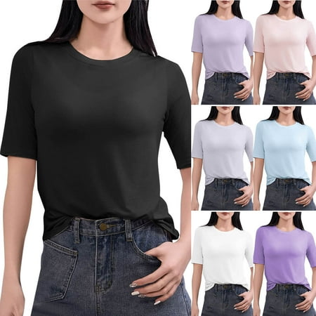 YHAJDS Tops Half Sleeve Round Neck Solid Color Stretch Tee Lightweight Casual Loungewear Basic Top