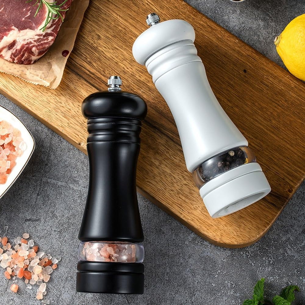Pepper Grinder, Wood Salt and Pepper Grinder Mills Sets, Classic Manual Salt Grinder Refillable Pepper Mill Sets with Acrylic Visible Window Adjustable Ceramic Grinding Rotor 6.7inch 2 Pack
