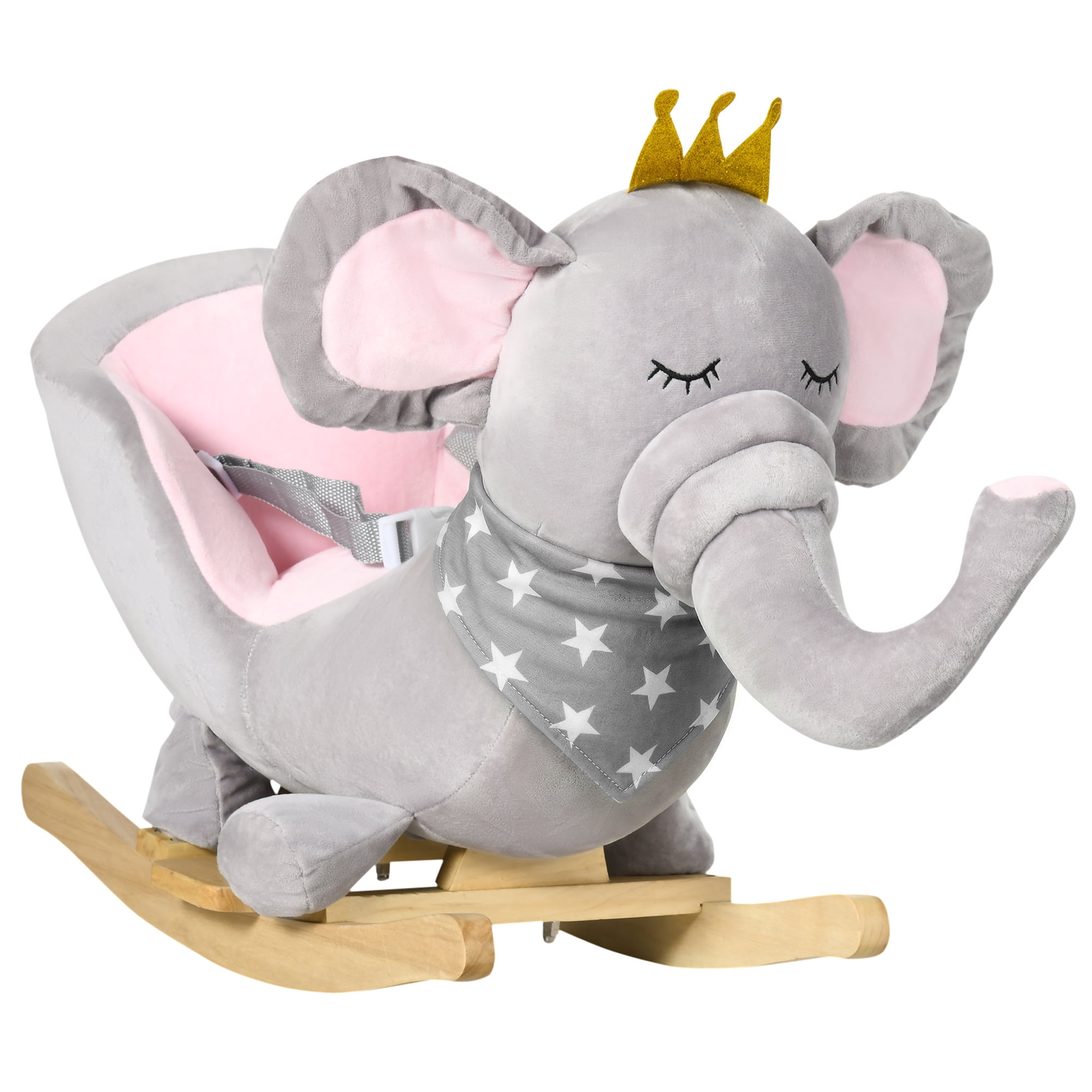 Rocking Elephant Toy, Plush Grey and Pink Animal Ride with Sound Function, Safety Belt and Padded Saddle, Steel and Poplar Wood Frame, 60 x 33 x 45 cm, for Nursery or Playroom Use