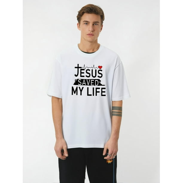 Men'S Casual Crew Neck T-Shirt with "Jesus Saved My Life" Print, Summer Short-Sleeve Top, Slight Stretch, Regular Fit, Fashionable Everyday Wear