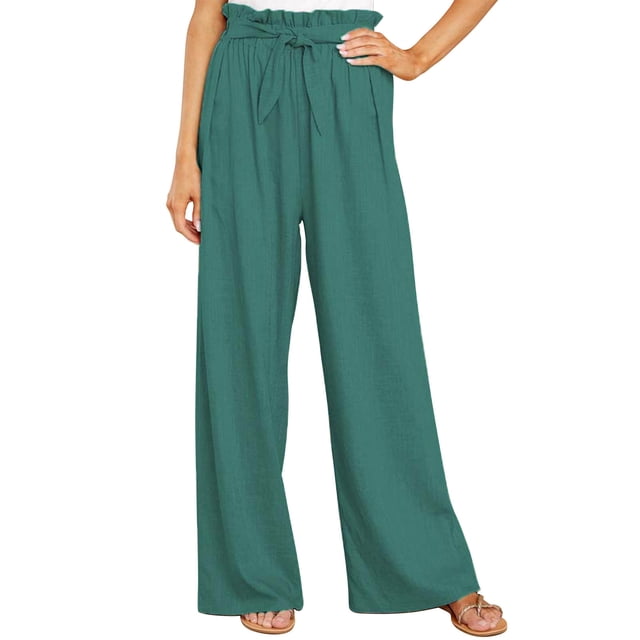 Pantalones Largos Para Mujer, Elegantes Pantalones Casuales De Pierna Ancha De Color Puro A La Moda Con Cinturón De Cintura Alta Para Fiesta ANGGREK Verde L