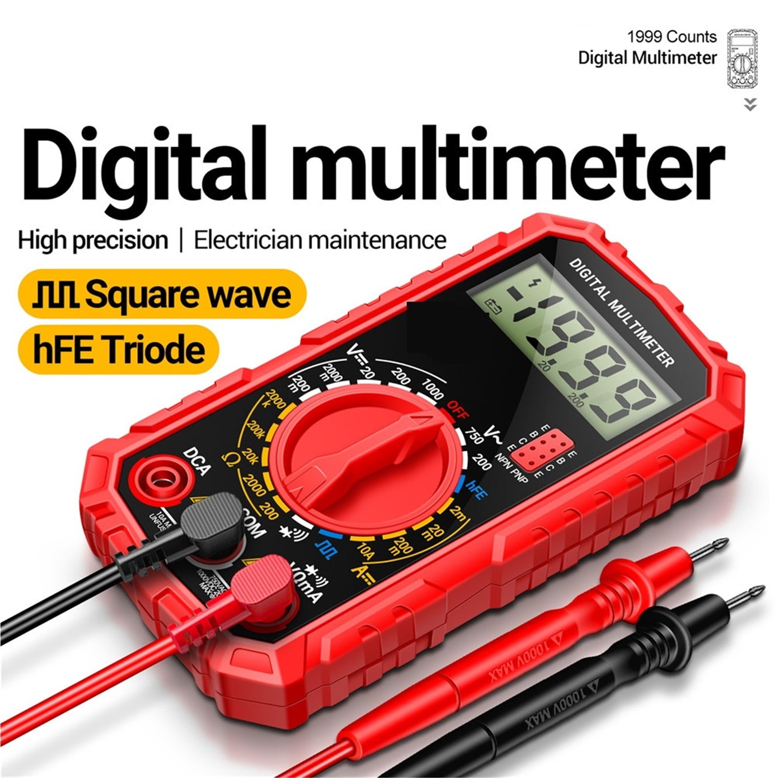 Square Wave Digital Multimeter 1999 Counts HFE Triode Buzzer Tester AC/DC Voltage 10A Current Multimeters Meter Tool ,Battery Test