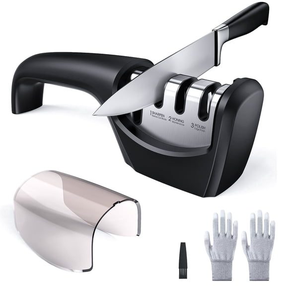 TINANA 4-Stage Knife Sharpener with Cut-Resistant Gloves, 6 In 1 Manual Kitchen Knife & Scissor Sharpener, Non-Slip Base, Black