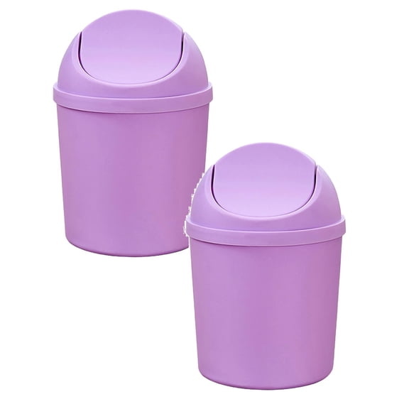 2 Pcs Plastic Mini Wastebasket Trash Can with Swing Lid, Tiny Desktop Waste Garbage Bin for Home, Office, Kitchen, Vanity Tabletop, Bedroom, Bathroom, 5.51x7.67 Inch, Purple
