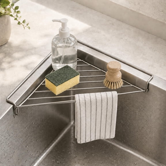 Stainless Steel Corner Sink Shelf, Triangle Sink Organizer with Drain Rack, Space Saving Kitchen Storage