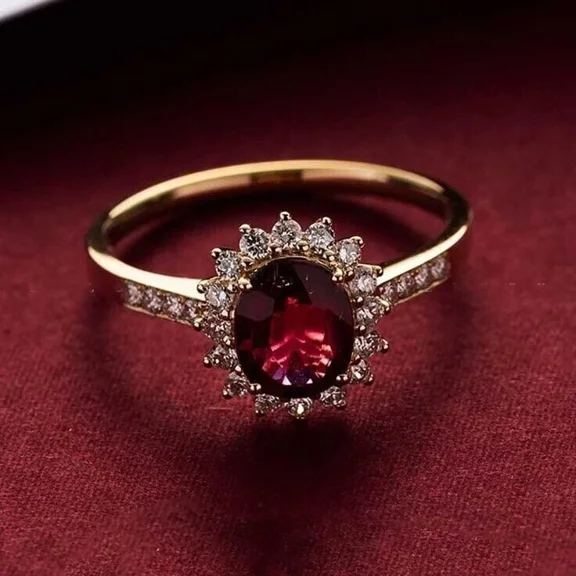 2.00Ct Oval Cut Simulated Garnet Halo Engagement Ring for Women 14K Yellow Gold Plated