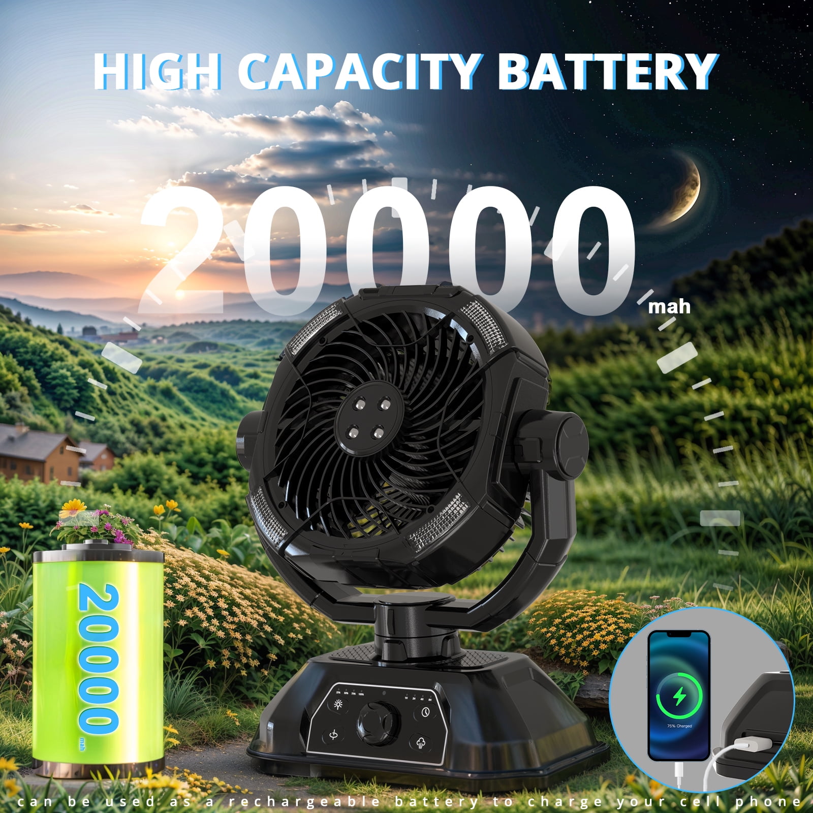 Outdoor Misting Fan Rechargeable with Remote & LED Light,20000mAh Cordless Battery Powered Camping Fan with 9L Water Tank & LED Lantern for Indoor, Tent, Travel, BBQ, Fishing, Jobsite