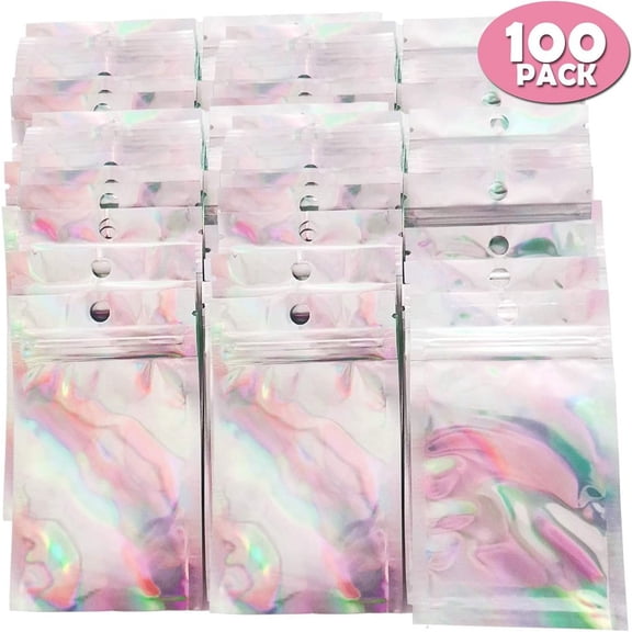 100 Pack of Holographic Resealable Food Bags, 3.14 x 5.12 Inches Mini Ziplock Bags, Cookie Bags with Seal, Waterproof Pouch Ziplock Bags for Food Storage and Packaging