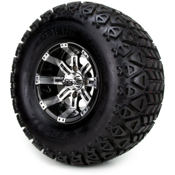 10" Machined Black Tempest Golf Cart Wheels and All Terrain Tires Combo Set of 4