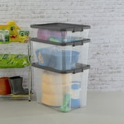 Sterilite 76 Quart Stacker Storage Bin, Clear Plastic Storage Container with Latch Lid, Durable, Dark Gray