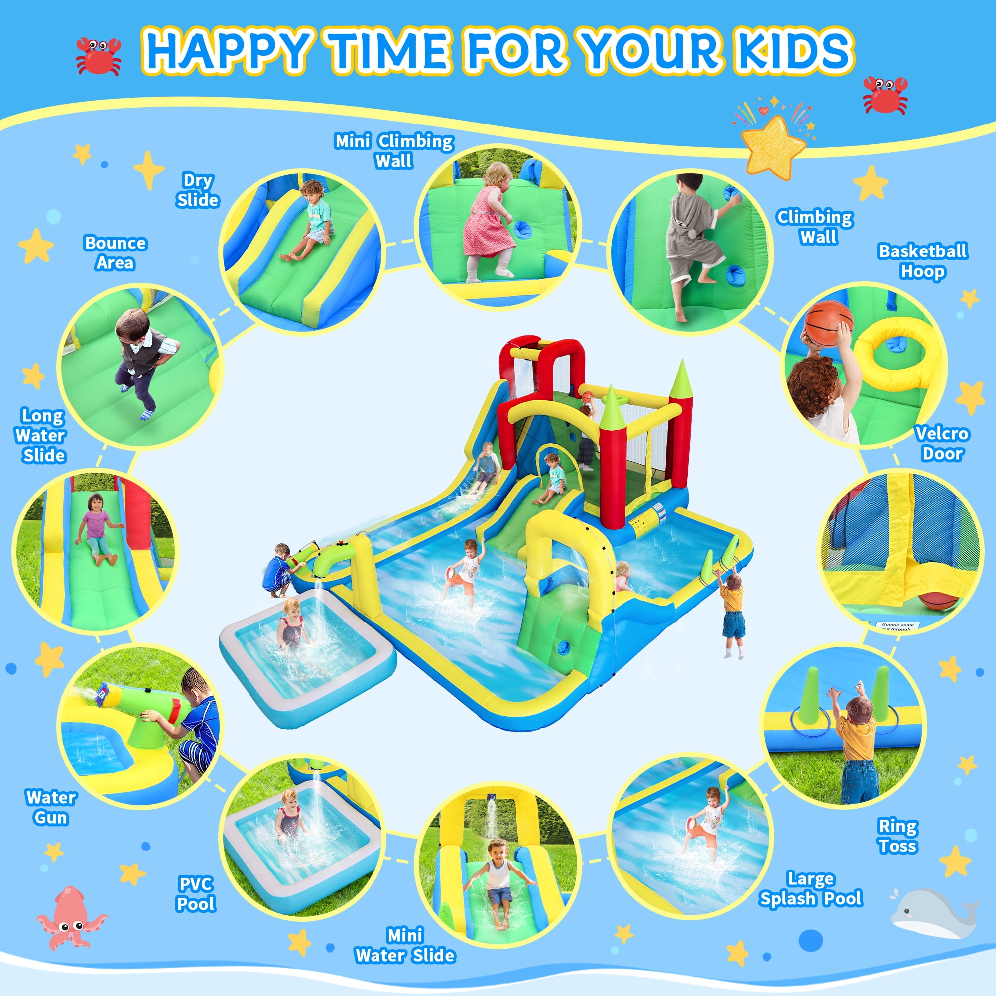 11-in-1 Inflatable Water Park Bounce Castle, Wet & Dry Slide with Pool, Water Gun, Trampoline, Climbing Wall, Basketball Hoop & Ring Toss, Indoor Outdoor Kids Play for Backyard Party