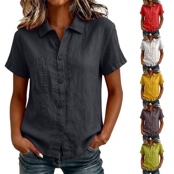 WAGUTH Women's Cotton Linen Button Down Shirts Collared Short Sleeve Casual Summer Tops with Chest Pocket for Work & Daily Wear,Black,L