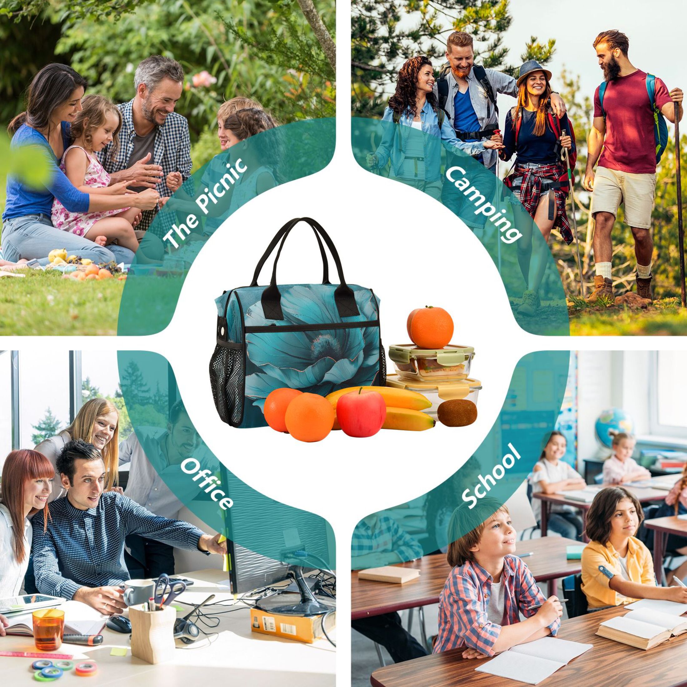 ALAZA Teal Flower Insulated Lunch Bag Reusable Tote Box Adjustable Shoulder Strap for Work Picnic