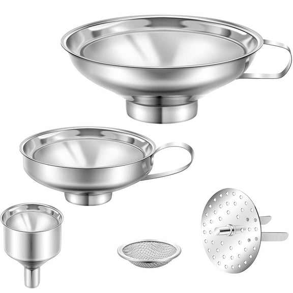 Ludolm 5 Pieces Stainless Steel Funnels Set Canning Funnel Fine Mesh Strainer Mesh Filter Compatible with Wide and Regular Narrow Mouth Mason Jar