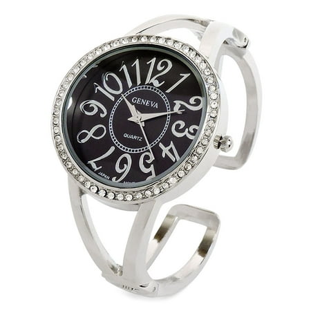 Silver Black Crystal Bezel Large Face Women's Cuff Watch