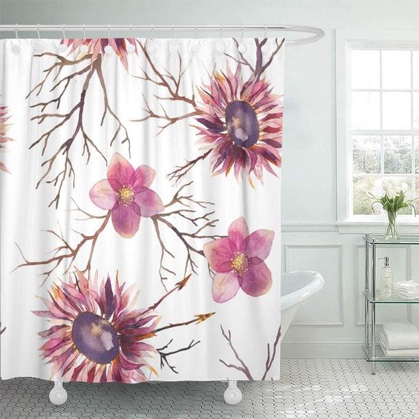 ABPHQTO Acuarela Floral Mano Brillante con Flores Exóticas Ramas de Árboles y Flechas Tribales Juego de Cortinas de Ducha de Baño Impermeables 165x180 cm ABPHQTO PKNMT66x72Shower-10396