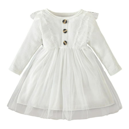 

YDOJG Dresses for Girls Long Sleeve Ribbed Ruffles Dresses Solid Tulle Princess Dress Clothes White 12-18 Months