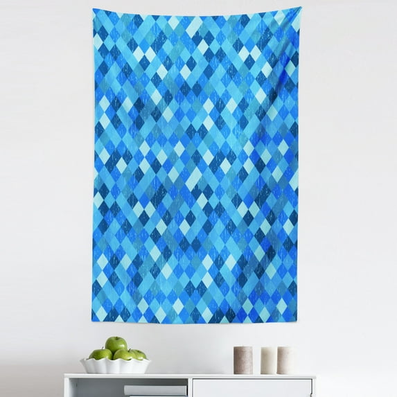 Blue Tapestry, Abstract Geometrical Hexagonal Squared Shapes Image Ombre Style Art, Fabric Wall Hanging Decor for Bedroom Living Room Dorm, 5 Sizes, Turquoise Dark Blue, by Ambesonne