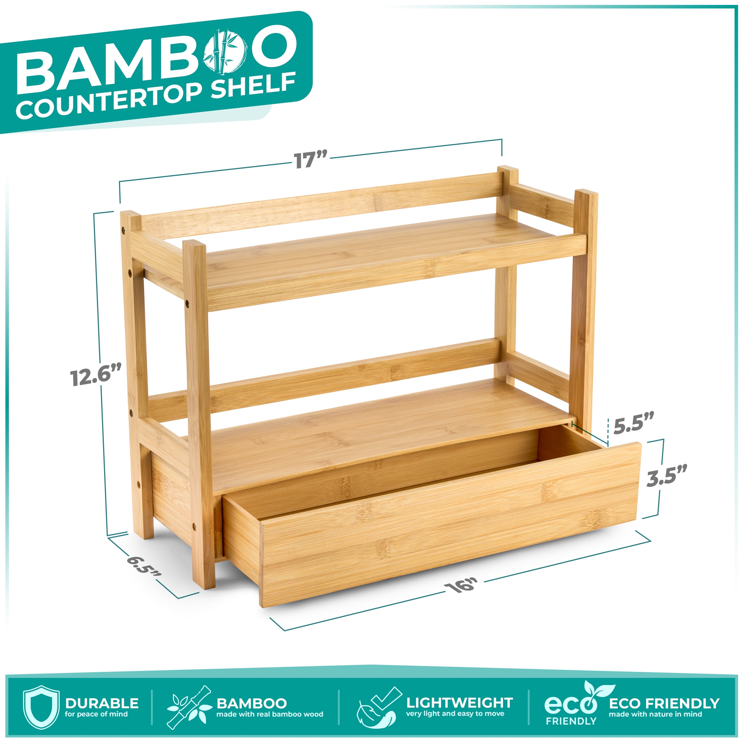 Sorbus 2-Tier 17" Bamboo Kitchen Organizer with Pull-Out Drawer, Beige