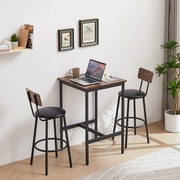 3 Pieces Bar Table Set, Counter High Pub Table Set with 2 Chairs, Wood Top Dining Table with 2 Backrest Stools, Saving Space Kitchen Table & Chair Set for Bistro Apartment, Brown