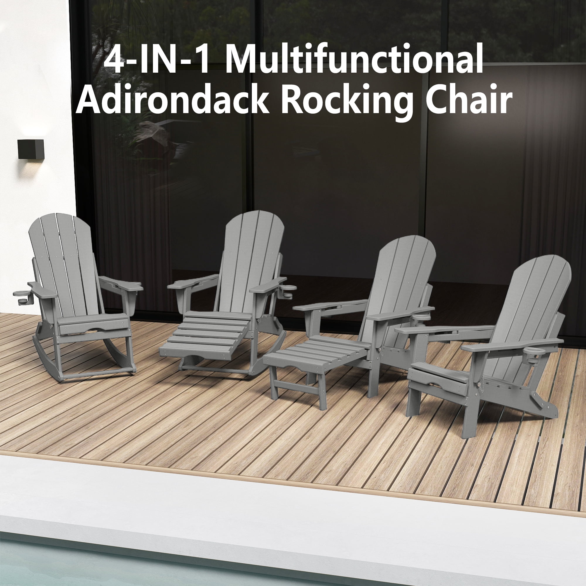 FOOWIN HDPE Plastic Rocking Adirondack Chair, Folding Rocking Chairs for Patio Porch Rocker Chair, Light Gray