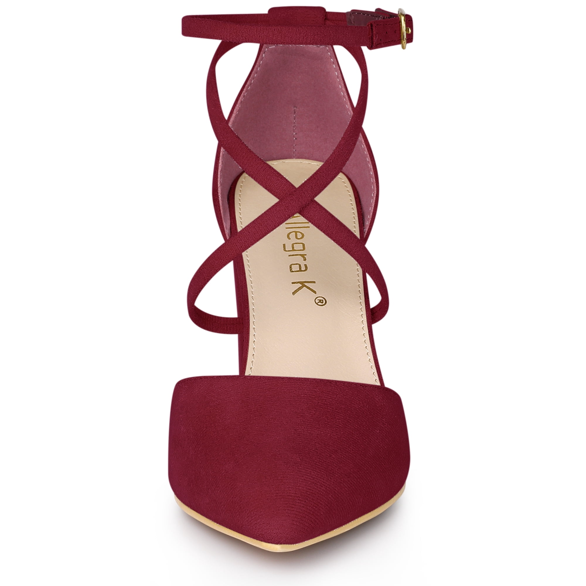 DARING DIVA Women's Pointed Toe Cross Strap Chunky Heels Pumps Shoes Burgundy 8.5